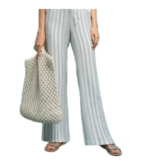 Cloth & Stone Womens Pants Blue L  Striped Linen Wide Leg Pants Beach Vacation C - Picture 1 of 11